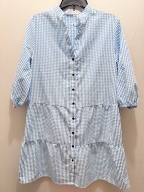 Light Blue Gingham Tiered Button-Front Dress